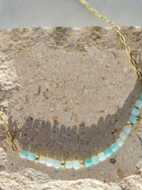 Gemstone Necklace Gold Paperclip Chain Blue amazonite Beaded Necklace - Picture 1 of 11